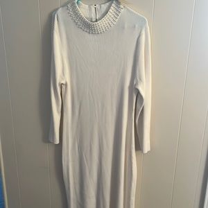 High Pearl Neck Long Sleeve Sweater Dress
